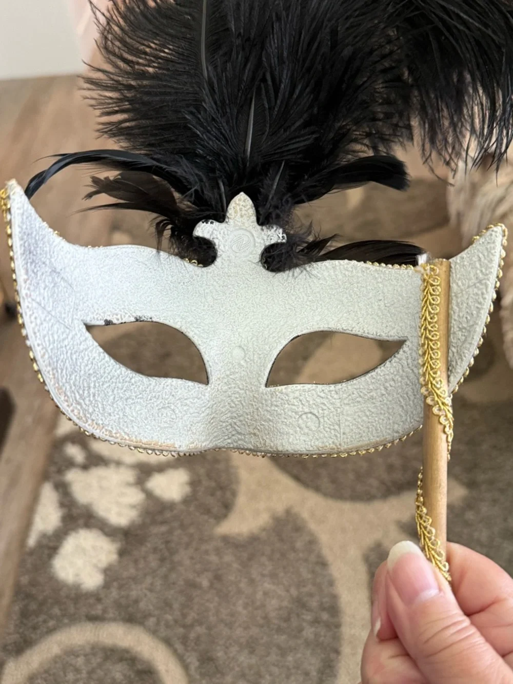 Vintage Pier 1 Venetian Jester Stick Mask Masquerade Black Gold 21”
